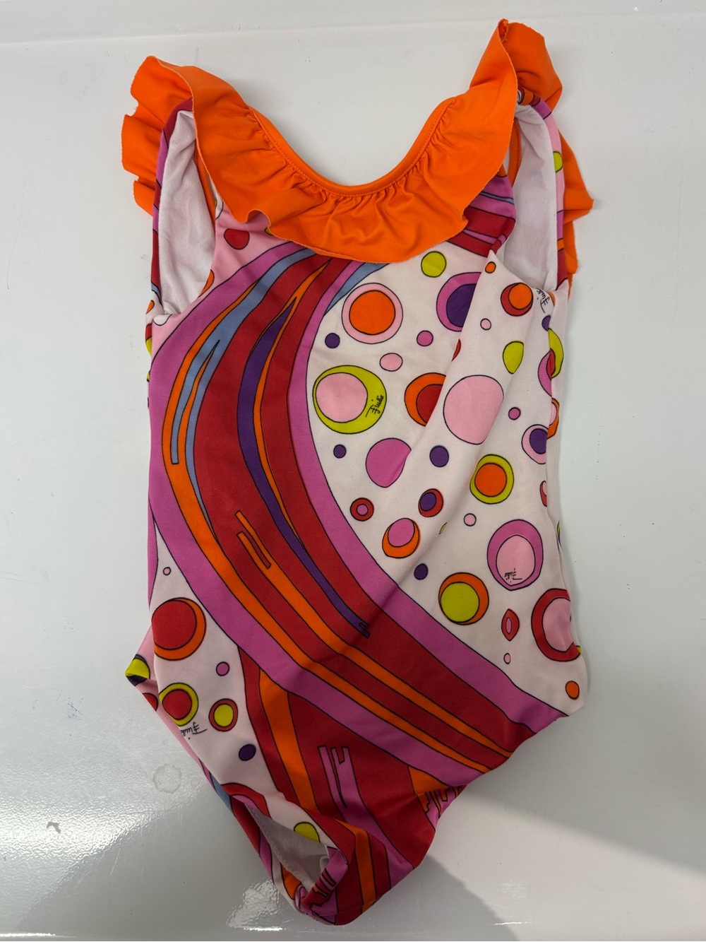 Emilio Pucci Orange Pink Multi-Print Ruffle One-Piece Swimsuit